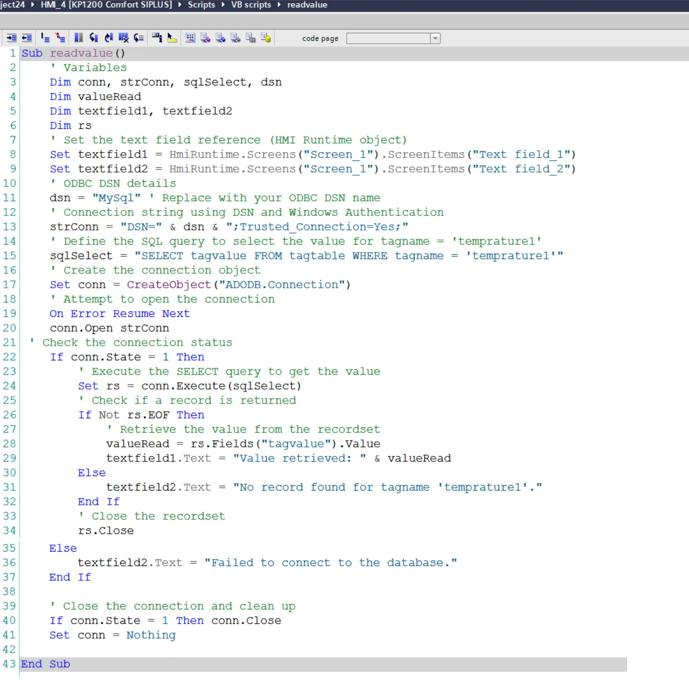 VBscript to read MSSQL Database table value in Siemens Wincc HMI