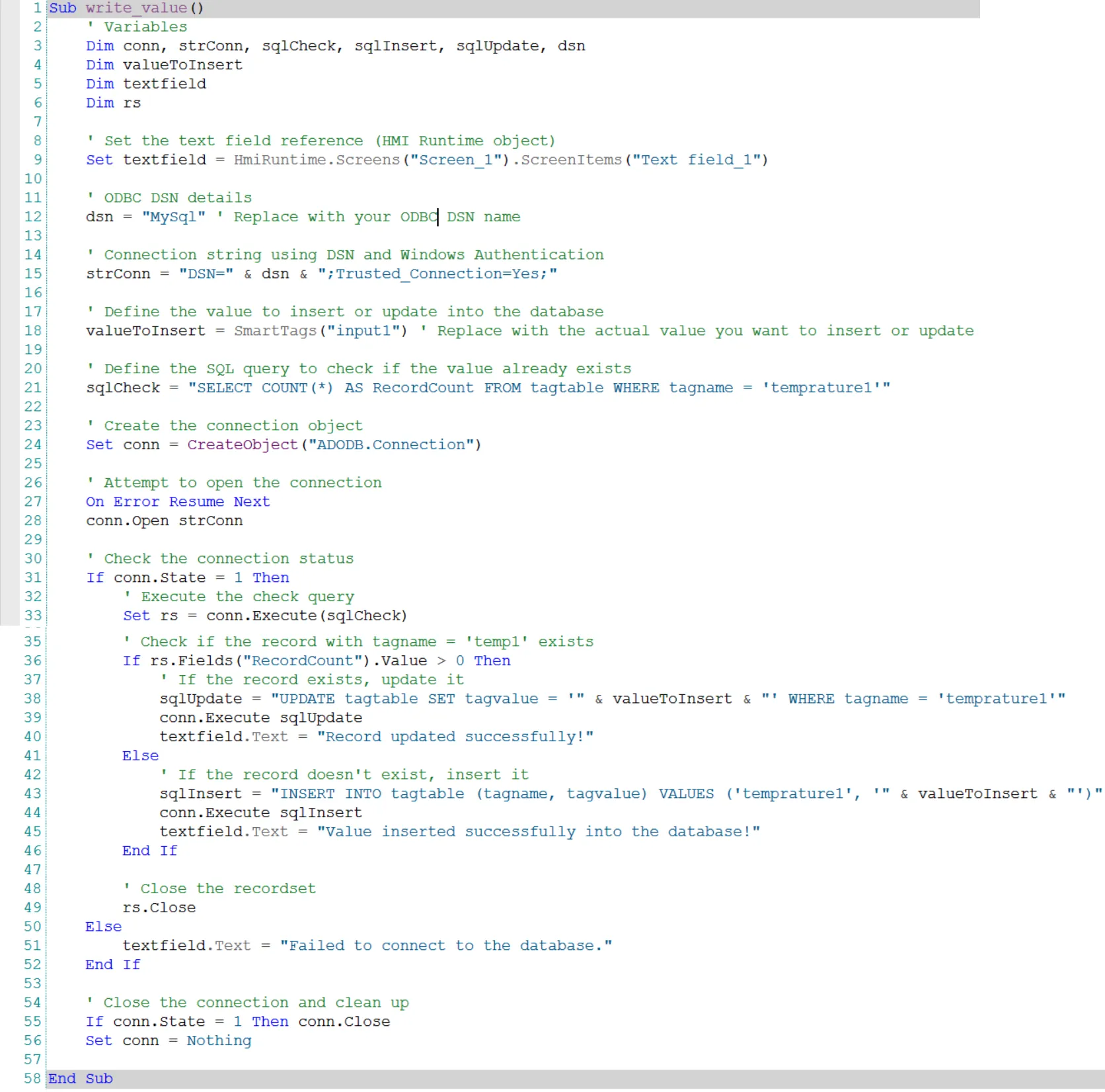 VBscript to write and update tag value in MSSQL Database table in ...