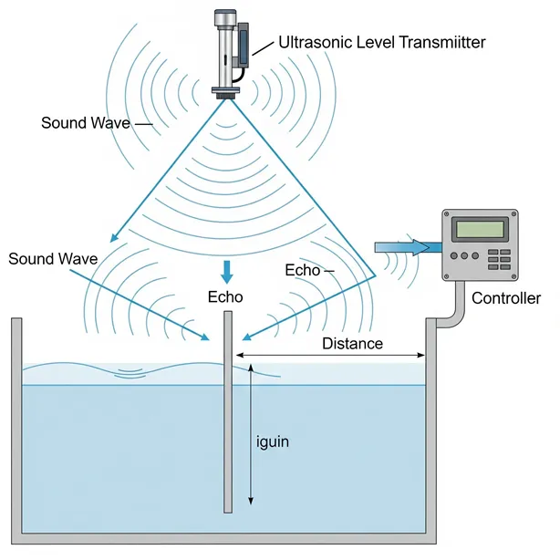 img/level-transmitter-intro/ultrasonic-level-transmitter-working-tank-diagram.webp