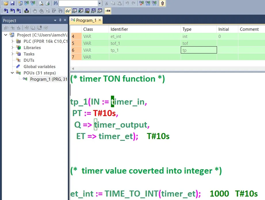 Panasonic PLC FPWIN PRO : Timer In Structured Text (ST) PROGRAMMING